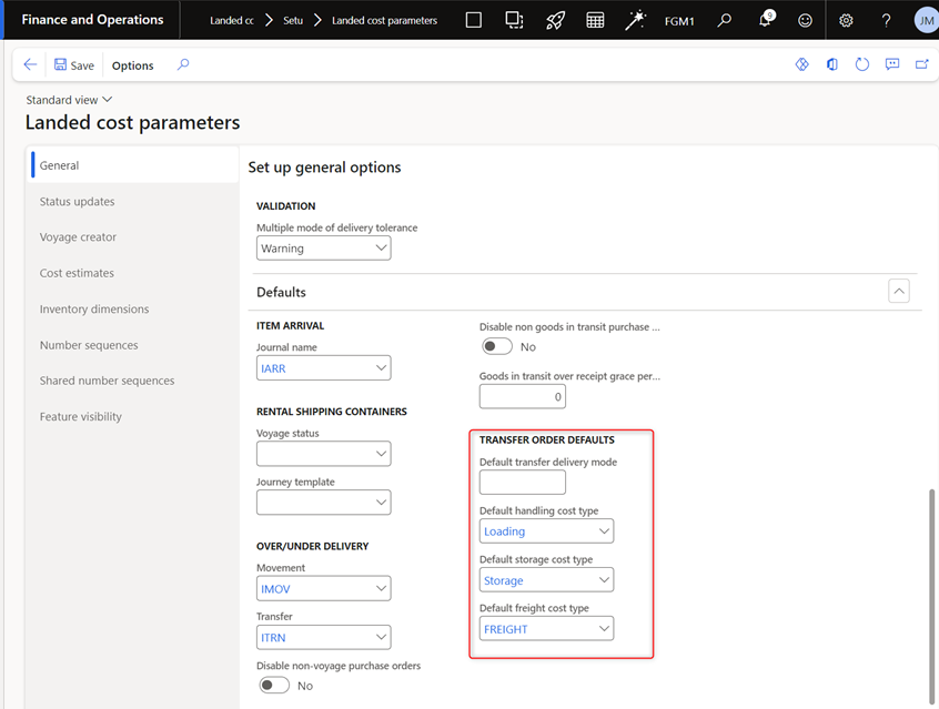 landed cost parameters in D365 FSCM